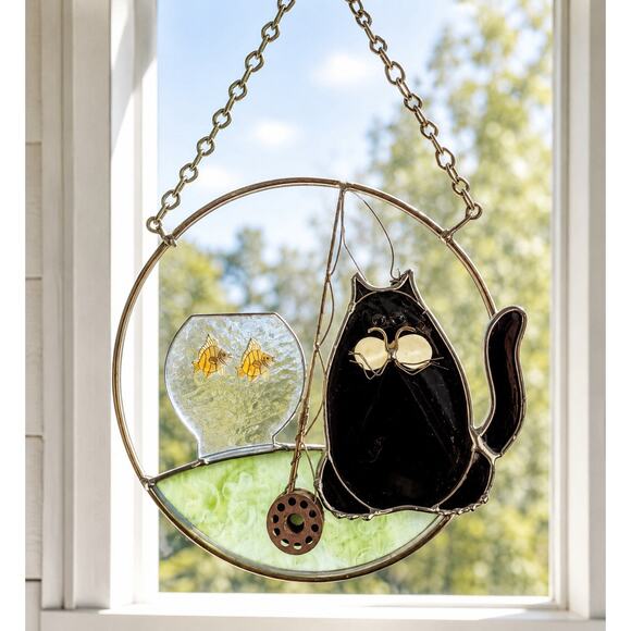 Handmade Other - Primitive Black Cat Sun Catcher Stained Glass Window Fish Bowl Handmade 6 INCH